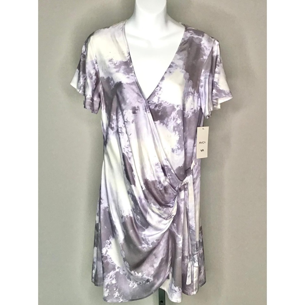 RVCA Womens Purple White Tie Dye Wrap Mini Dress Short Flutter Sleeve NWT XL/14